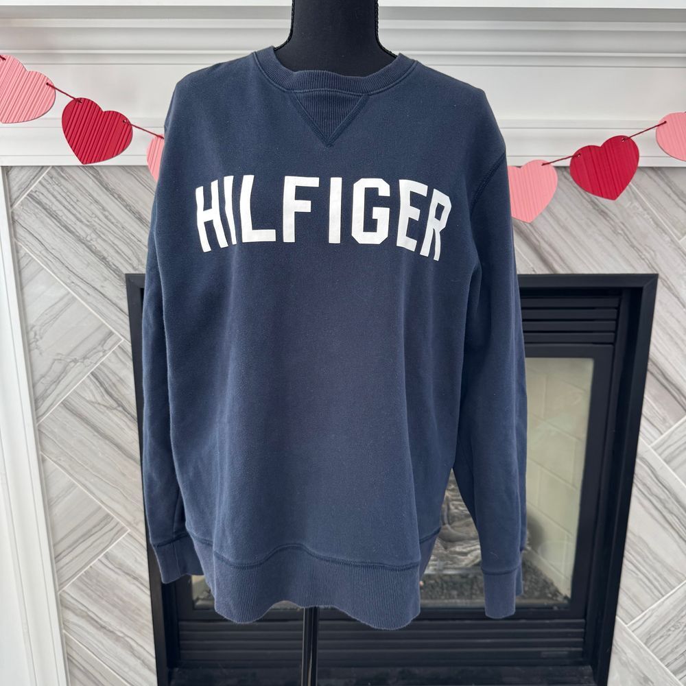 Tommy Hilfiger Navy Blue Classic‎ Logo Crewneck Sweatshirt Casual Comfort Large